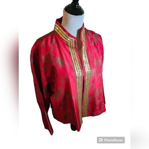 Chicos 100 % silk Red gold sequin womens jacket mandarin collar NWT size 3.